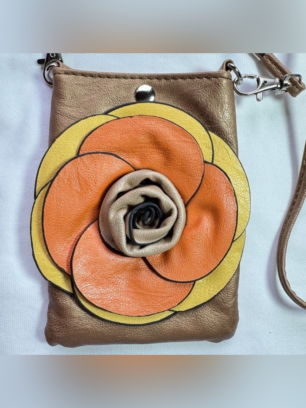 Shimmery Bronze Mini Crossbody Bag with 3D Yellow Orange & Tan Flower